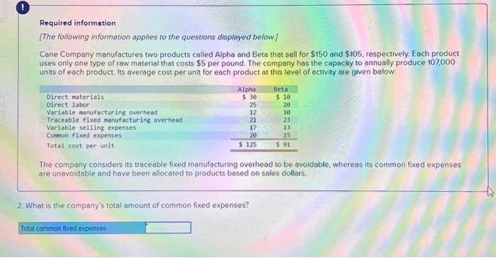 information applies to the questions displayed below.] Cane Company manufactures two products