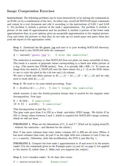 Image Compression Exercises Instructions. The following problems on be done interactively
