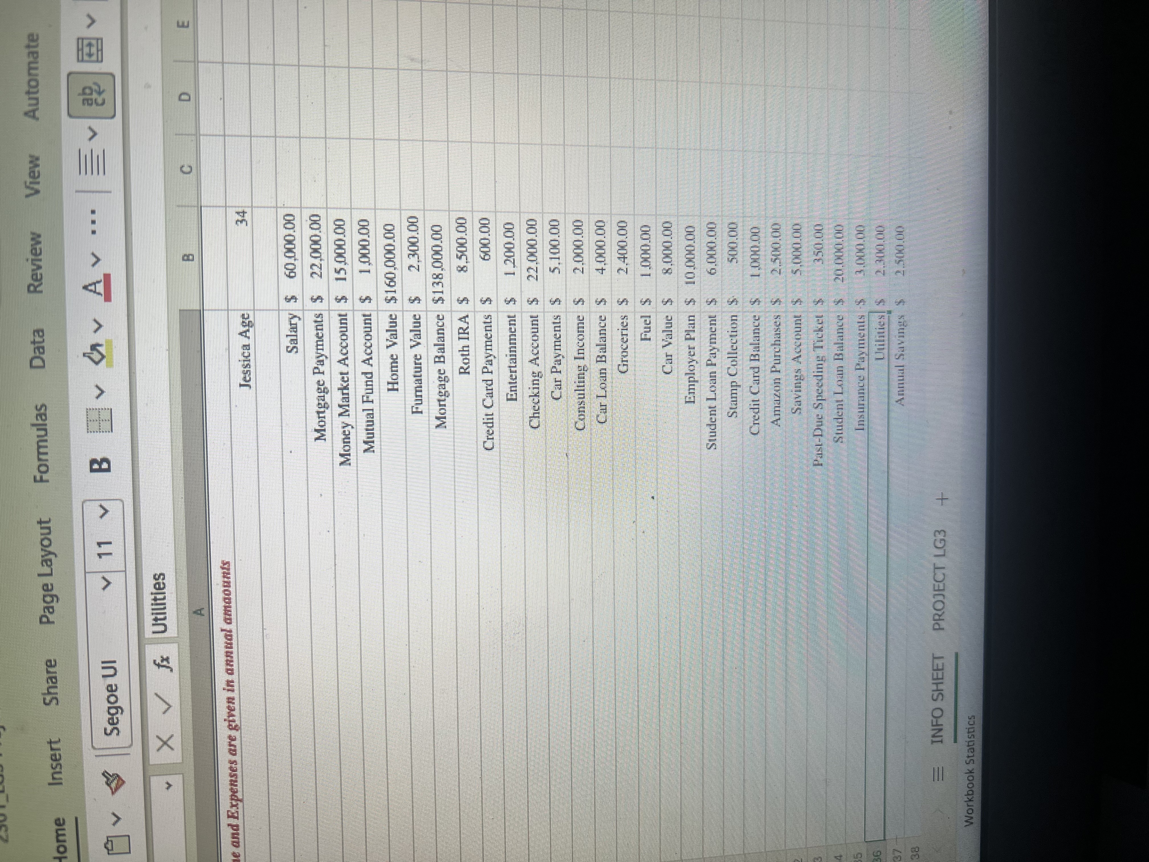  Based on this info sheet please state the: -monetary aseets -investment