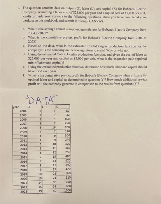  1. The question contains data on output (Q), labor (L), and
