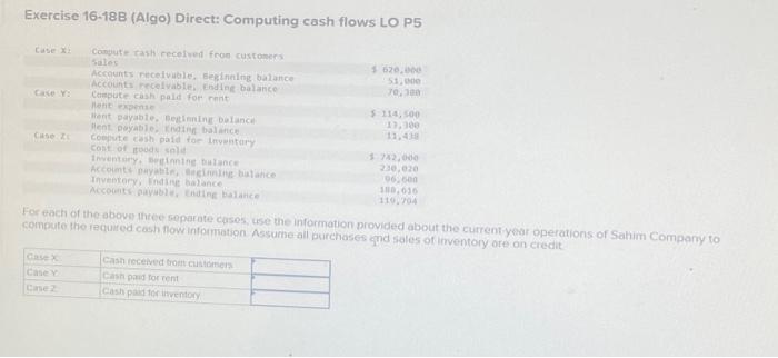  Exercise 16-18B (Algo) Direct: Computing cash flows LO P5 For each