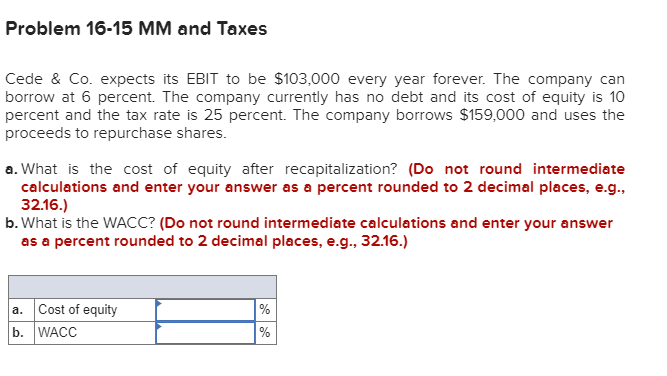  Problem 16-15 MM and Taxes Cede & Co. expects its EBIT