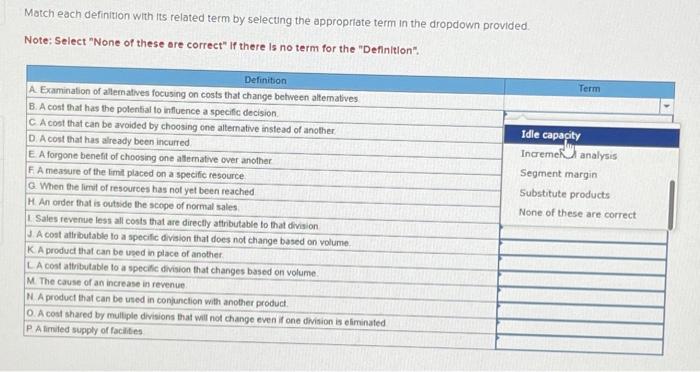  Match each definition with its related term by selecting the appropriate