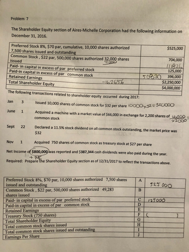  PLEASE EXPLAIN SOLUTIONS Problem 7 The Shareholder Equity section of Aires-Michelle