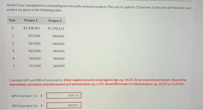 Oriole Corp. management is evaluating two mutually exclusive projects. The cost