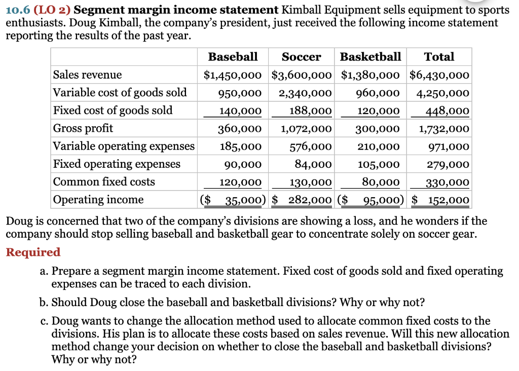  10.6 (LO 2) Segment margin income statement Kimball Equipment sells equipment