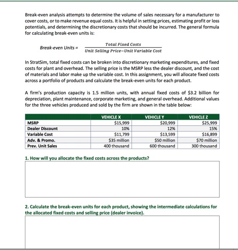 the break-even point for each vehicle? 4. Using the original MSRP, recalculate