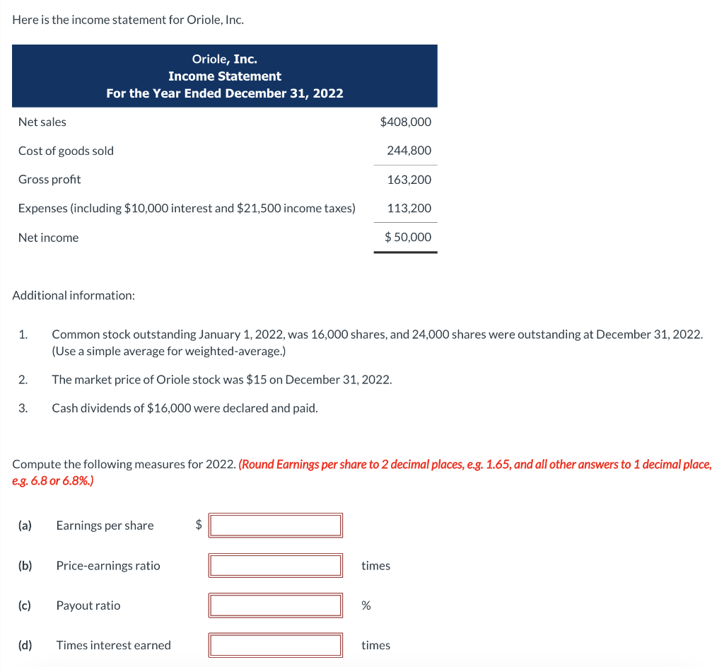  Here is the income statement for Oriole, Inc. Additional information: 1.