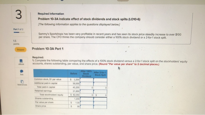 Required Information Problem 10-3A Indicate effect of stock dividends and stock