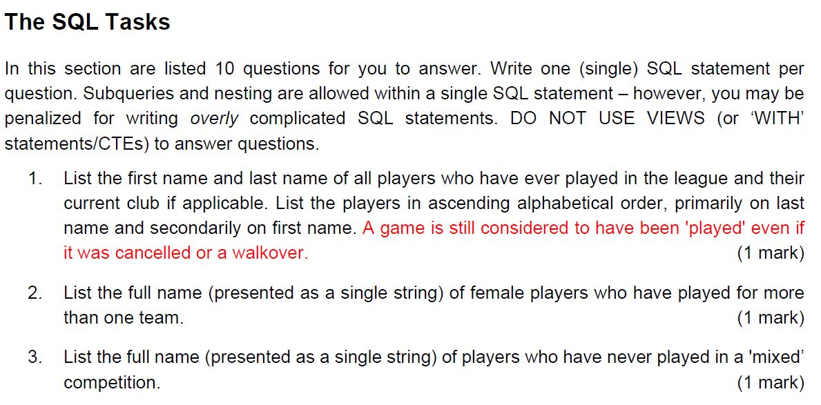 The SQL Tasks In this section are listed 10 questions for