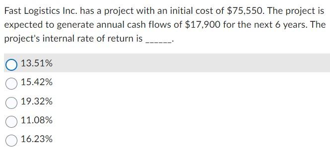  Fast Logistics Inc. has a project with an initial cost of