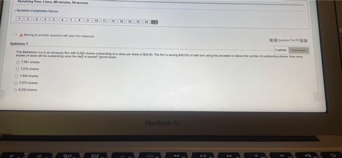  Remaining Time: 1 hour, 40 minutes, 24 seconds Question Completion Statu
