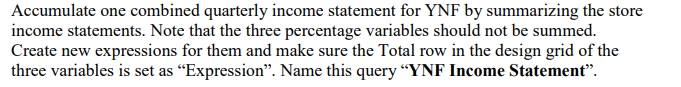  Accumulate one combined quarterly income statement for YNF by summarizing the