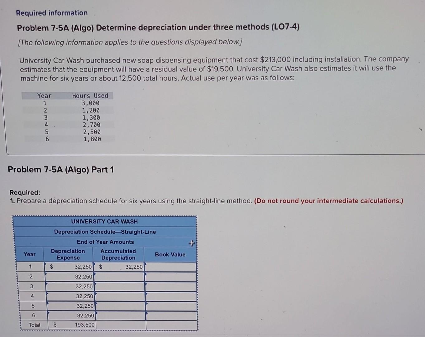 Problem 7-5A (Algo) Determine depreciation under three methods (LO7-4) [The following