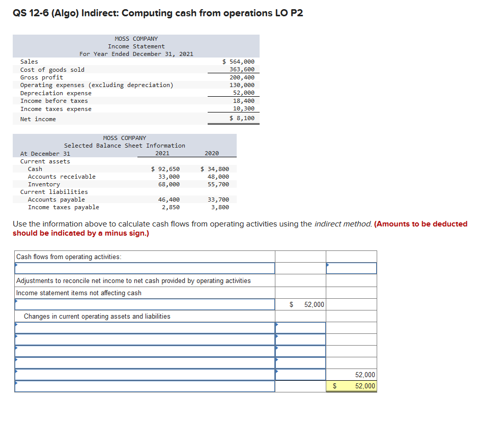  QS 12-6 (Algo) Indirect: Computing cash from operations LO P2 Use