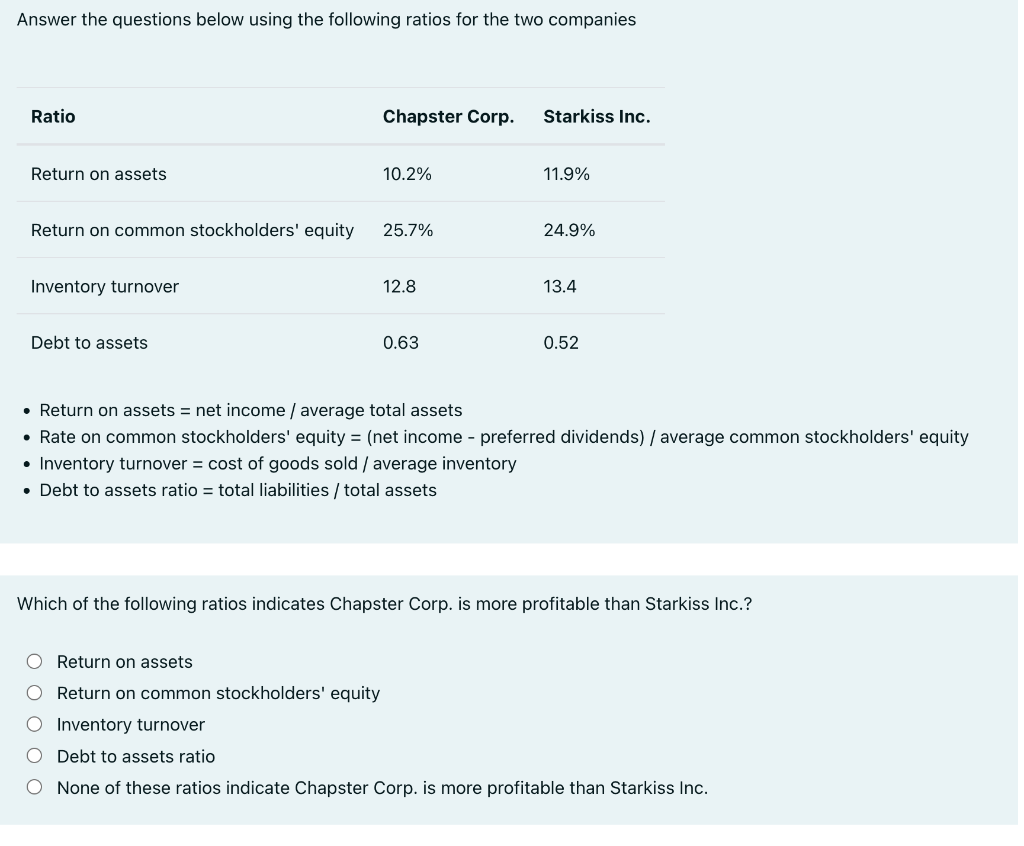  Answer the questions below using the following ratios for the two