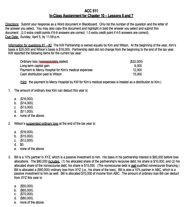 ACC 511 In-Class Assignment for Chapter 10 - Lessons 6 and
