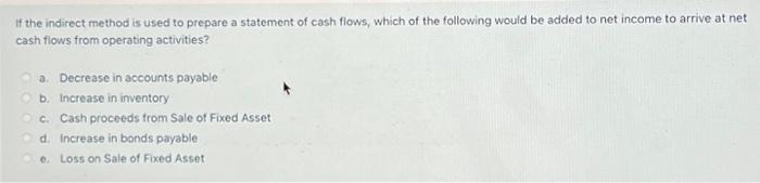  If the indirect method is used to prepare a statement of