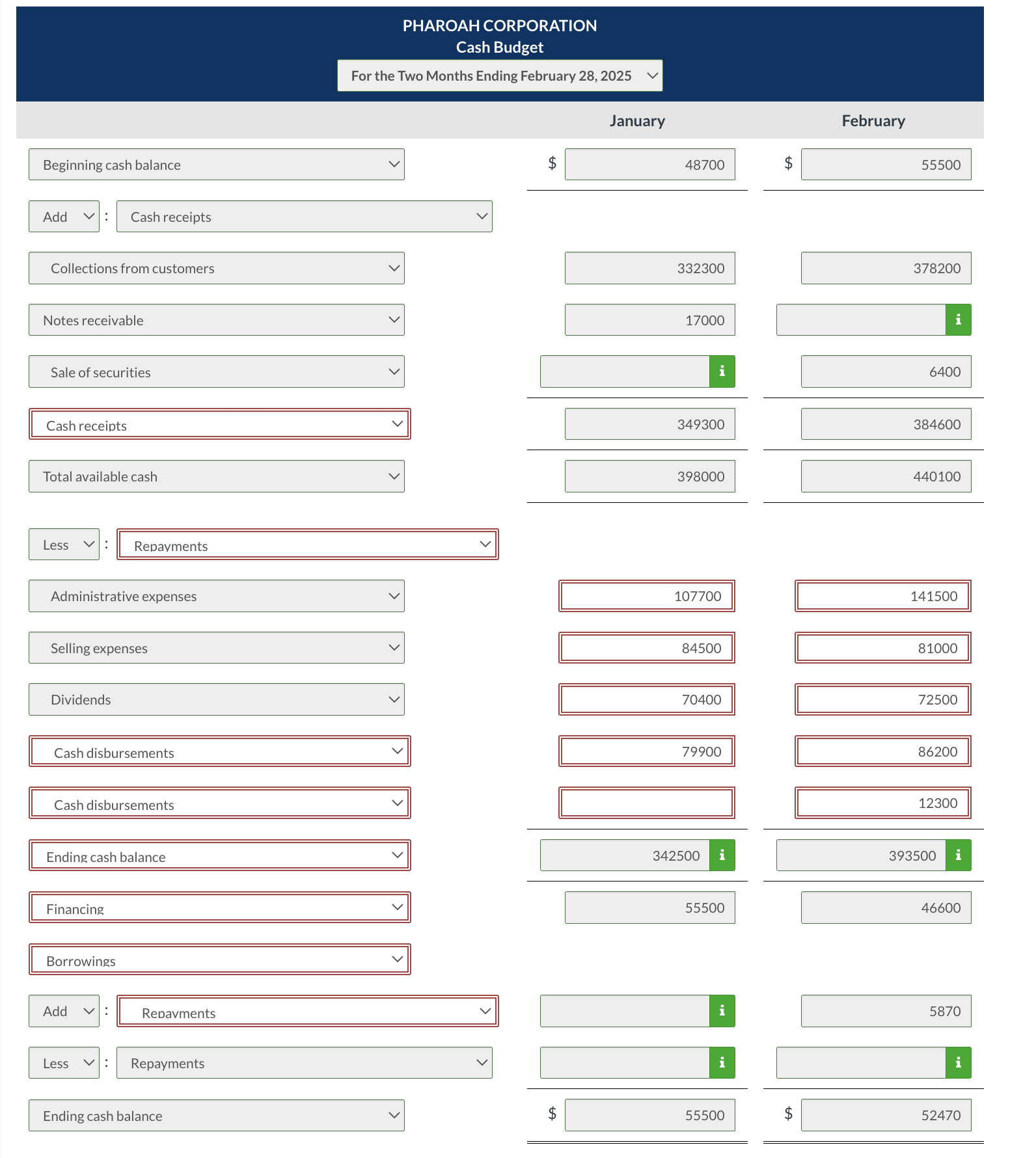 prepares monthly cash budgets. Here are relevant data from operating budgets for