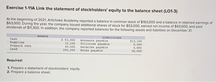  PLEASE COMPLETE BOTH SECTIONS. Exercise 1-11A Link the statement of stockholders'
