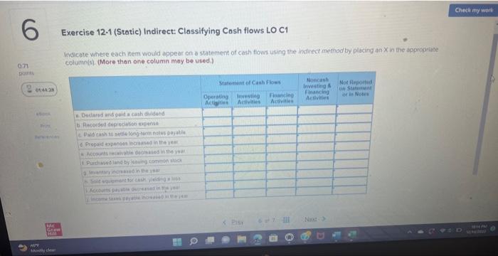  Exercise 121 (Static) Indirect: Classifying Cash flows LO C1 Indicate where