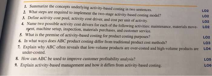  1. Summarize the concepts underlying activity-based costing in two sentences. 2.