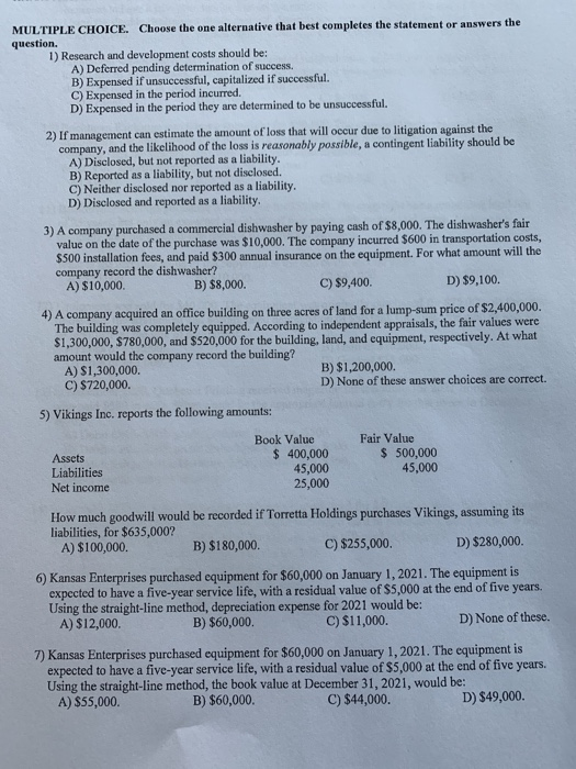  MULTIPLE CHOICE. Choose the one alternative that best completes the statement