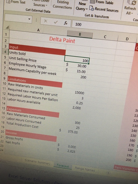 cells. Enter these values for the scenario: 100, 25, and 20. 4.