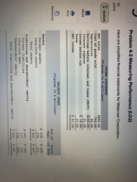  Problem 4-3 Measuring Performance (LO2) Here are simplified financial statements for