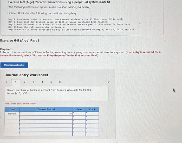 6 jornel entry Exercise 6.9 (Algo) Record transactions using a perpetual system