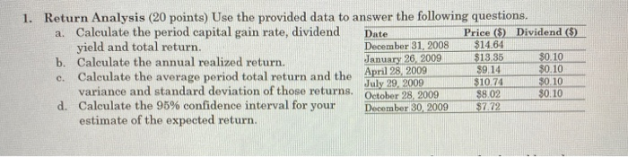  1. Return Analysis (20 points) Use the provided data to answer