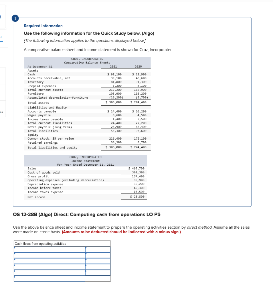 Required information Use the following information for the Quick Study below.