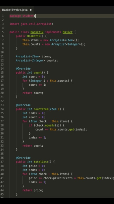 in the given BasketTwelve.java, which implements the Basket.java file (interface). The tests