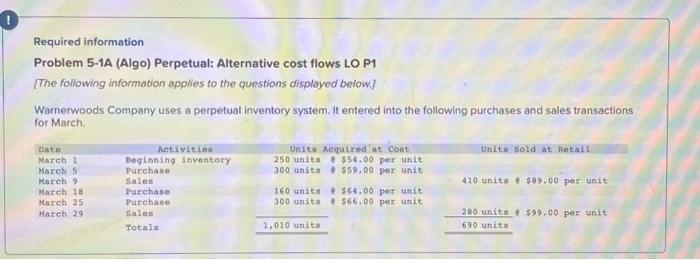 Required information Problem 5-1A (Algo) Perpetual: Alternative cost flows LO P1