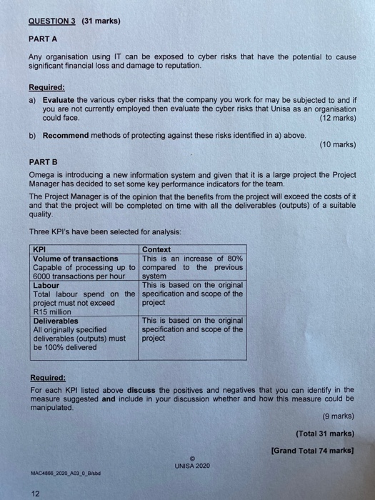 QUESTION 3 (31 marks) PART A Any organisation using IT can
