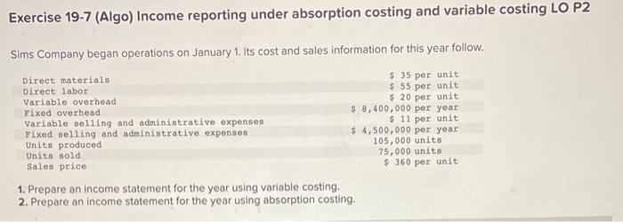  Exercise 19-7 (Algo) Income reporting under absorption costing and variable costing