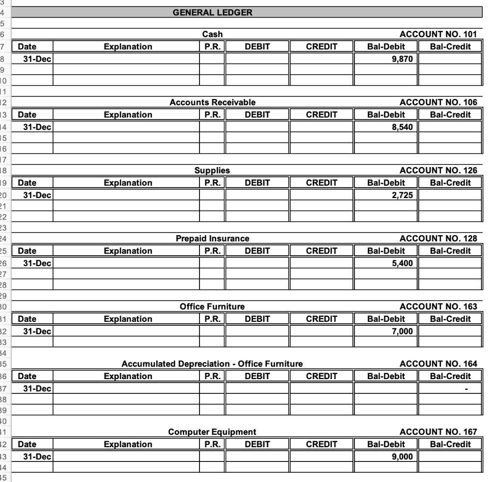 Excel file includes the unadjusted trial balance for 12/31/2018. The following additional