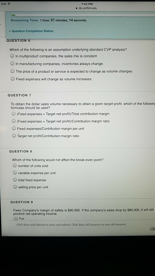  SIM 7:42 PM a bb.umflint.edu Remaining Time: 1 hour, 57 minutes,