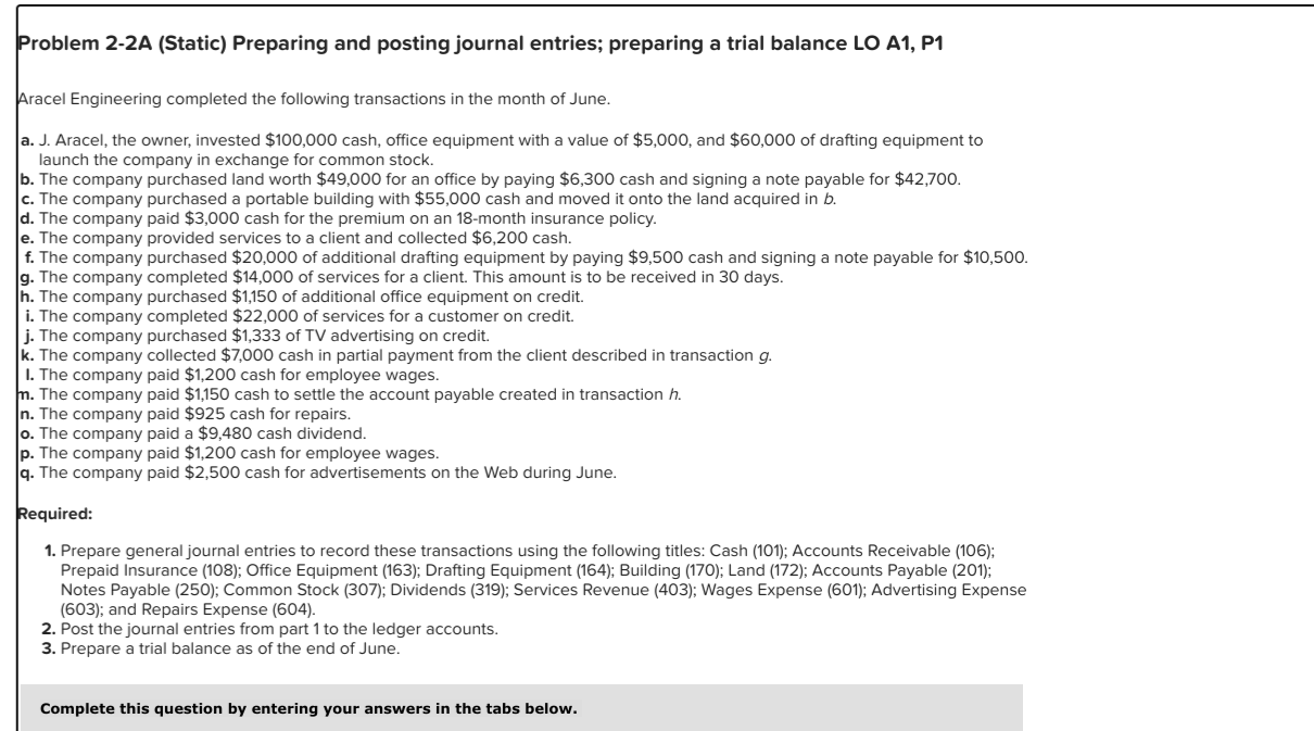  Problem 2-2A (Static) Preparing and posting journal entries; preparing a trial
