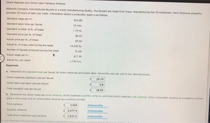  Please help with part c Direct Materials and Direct Labor Variance