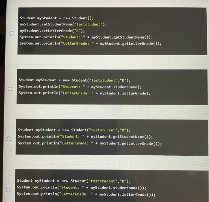 of statements would have the end result of the myStudent instance having