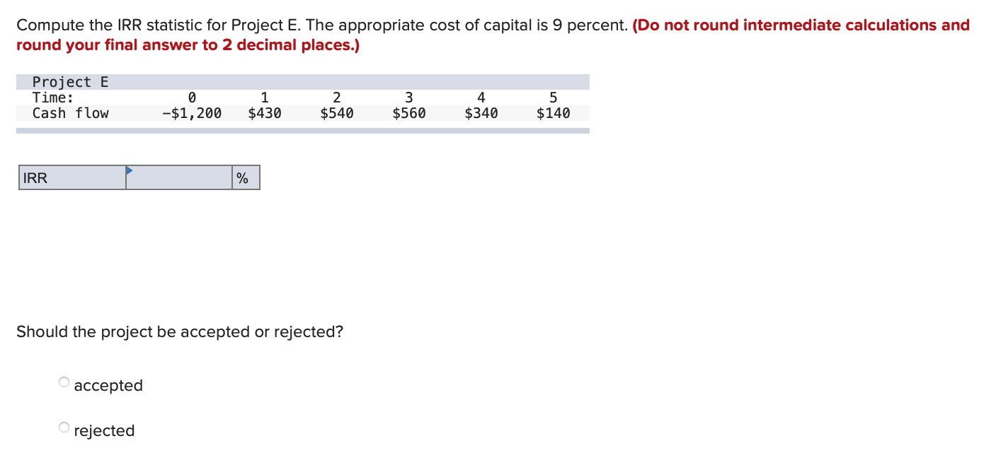  Compute the IRR statistic for Project E. The appropriate cost of