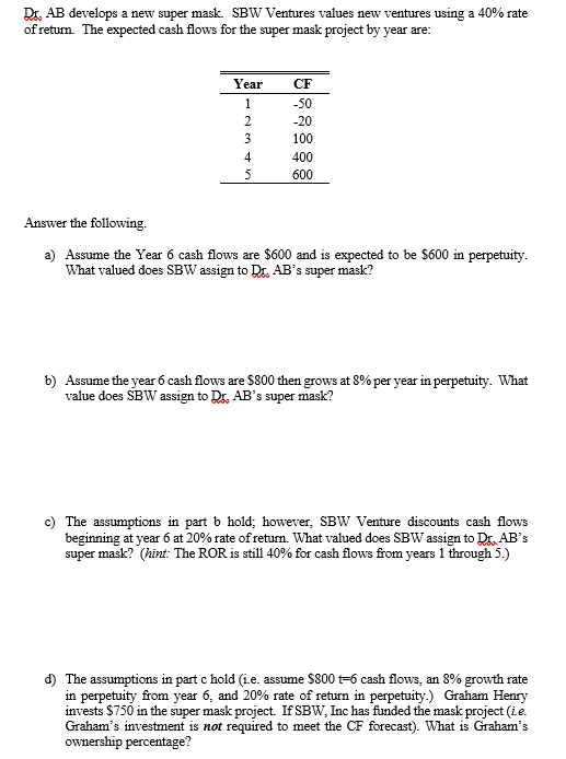  Dr. AB develops a new super mask. SBW Ventures values new