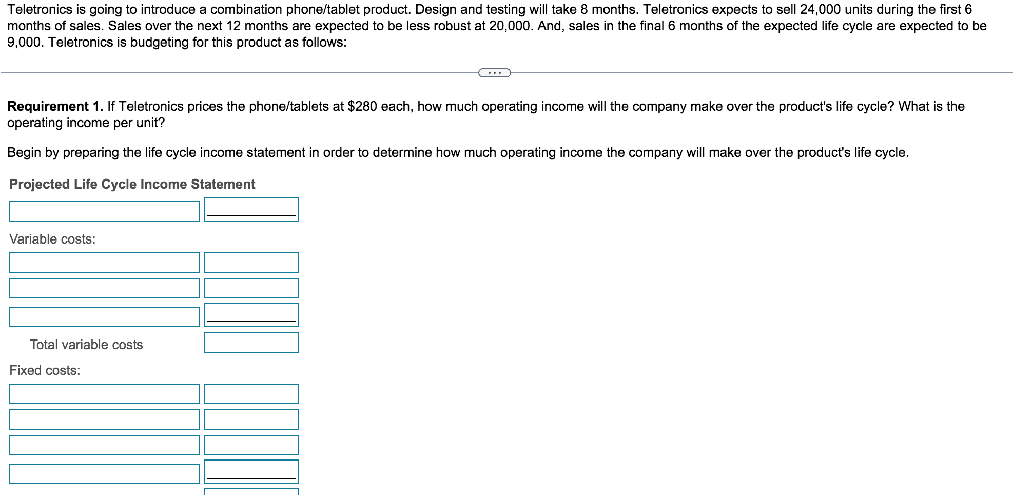 phone/tablet product. Design and testing will take 8 months. Teletronics expects to