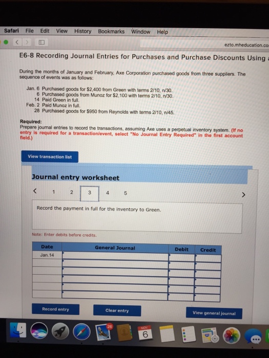 Bookmarks Window Help ID E6-8 Recording Journal Entries for Purchases and Purchase