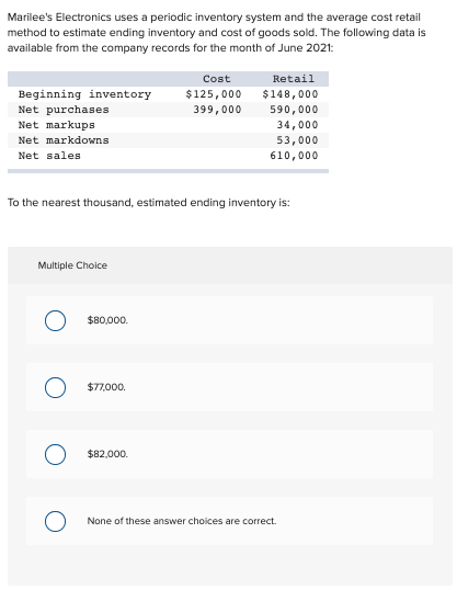 Marilee's Electronics uses a periodic inventory system and the average cost