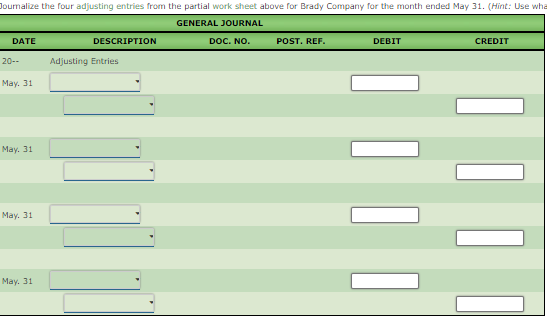  Joumalize the four adjusting entries from the partial work sheet above