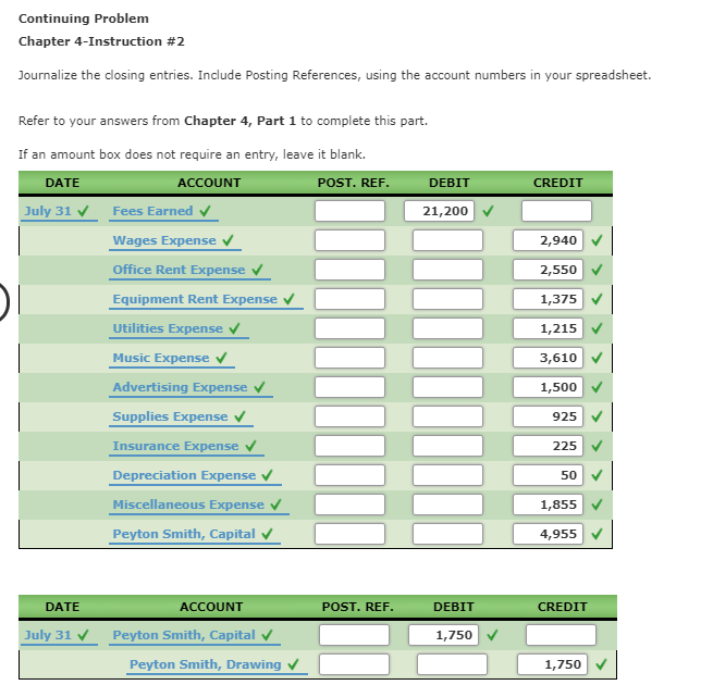 Continuing Problem Chapter 4-Instruction #3 Post the closing entries completed in Chapter