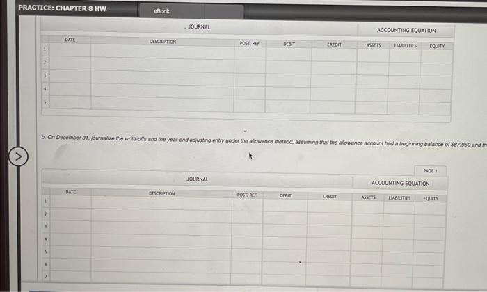 method. b. On December 31, journalize the write-offs and the year-end adjusting