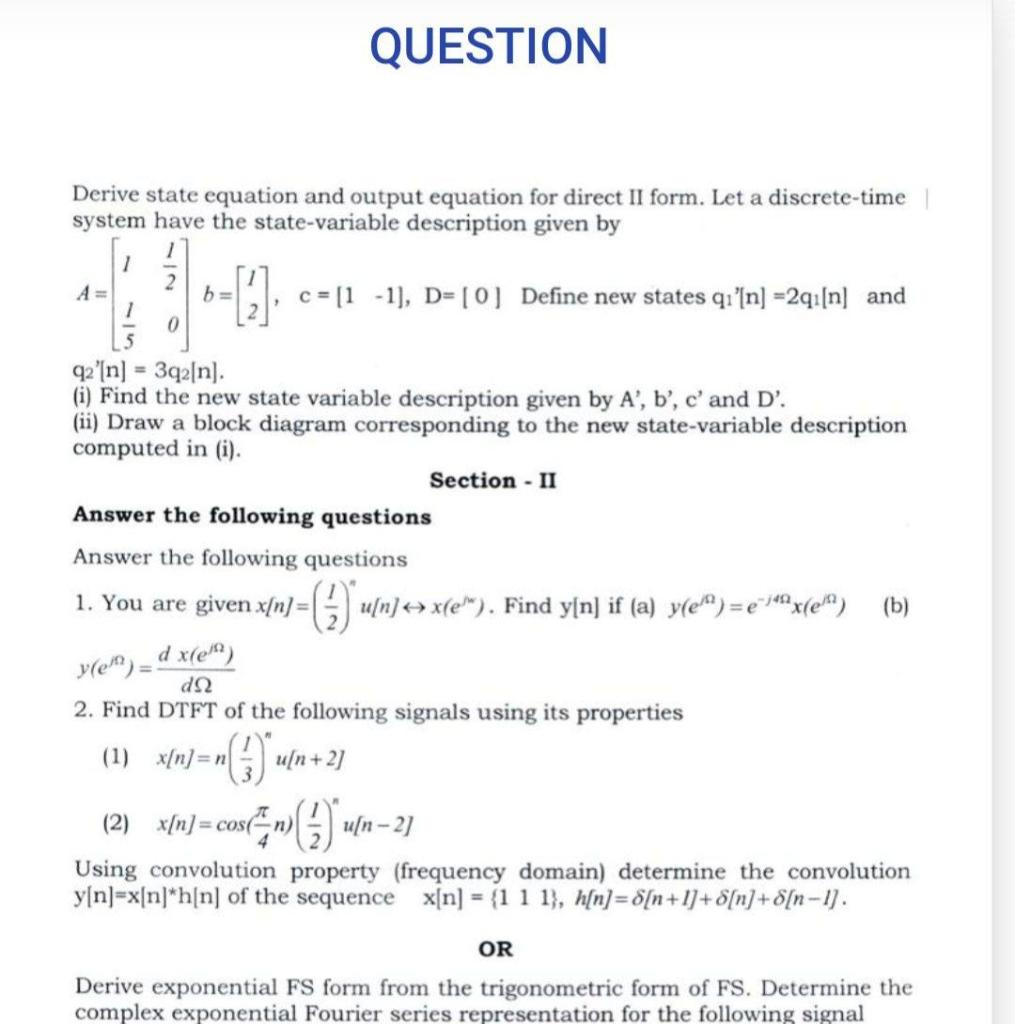  QUESTION Derive state equation and output equation for direct II form.